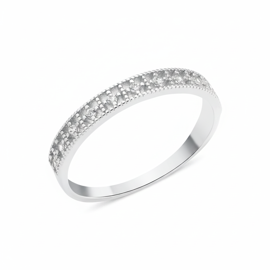 white gold beaded pave ring on white background