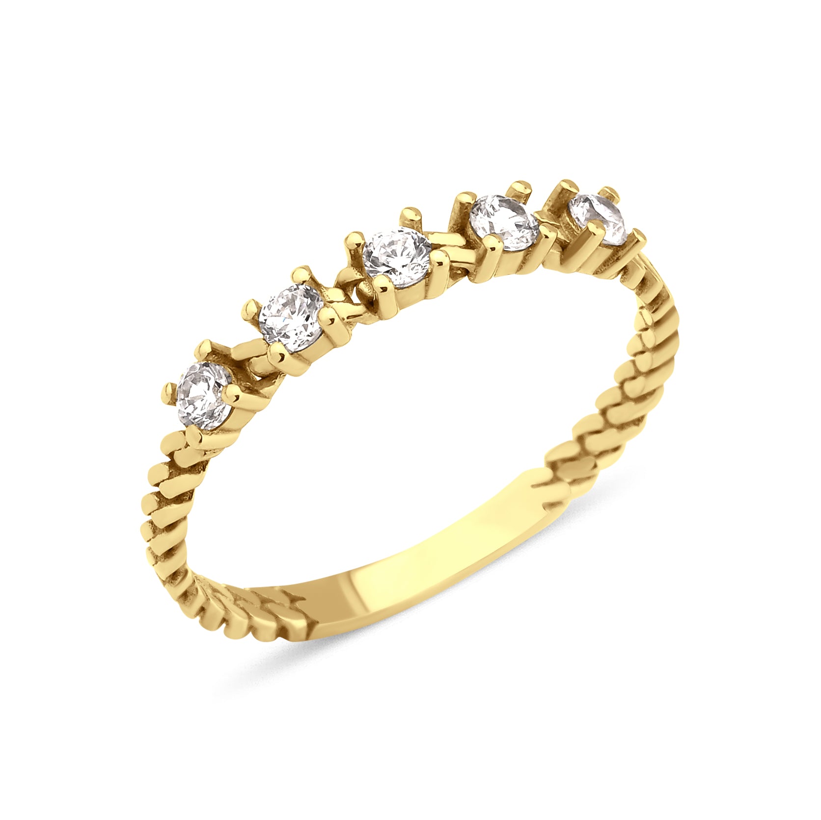 yellow gold rope stack ring on white background