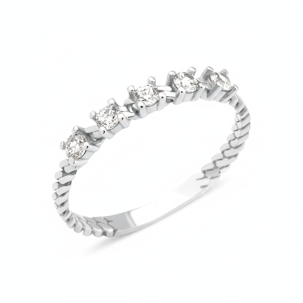 white gold rope stack ring on white background