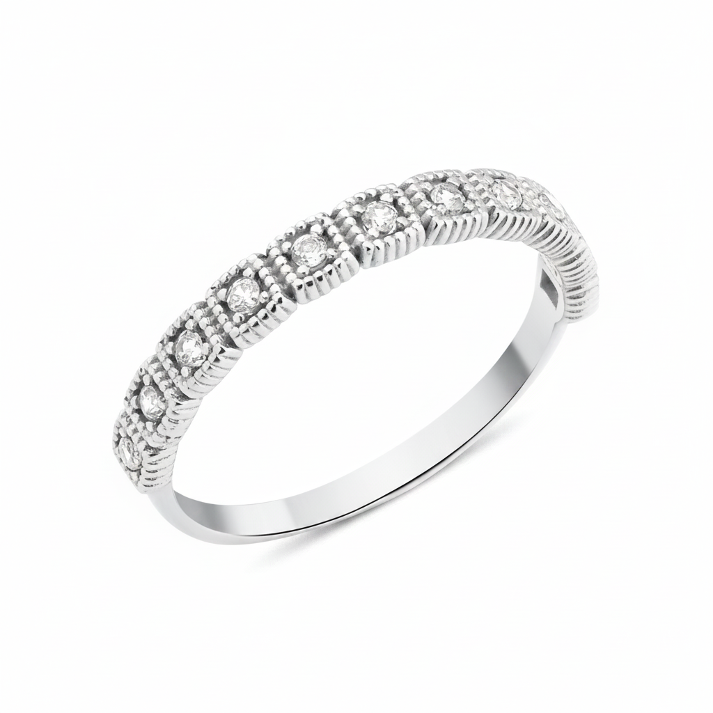 white gold milgrain frame ring on white background