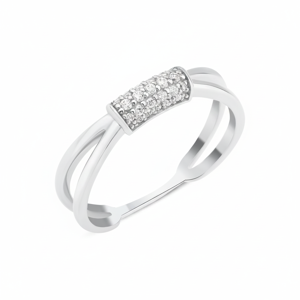 white gold split shank ring on white background
