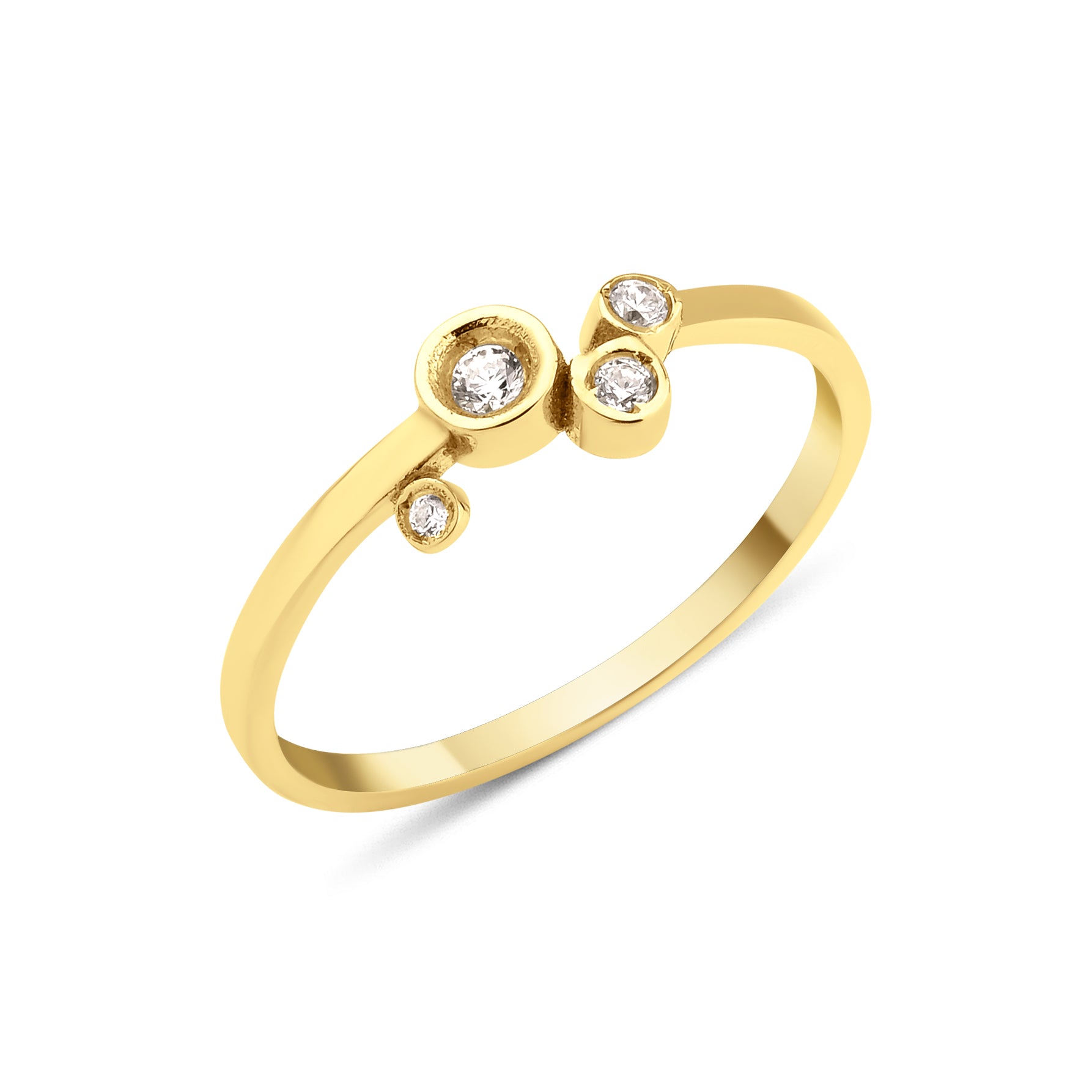 yellow gold asymmetric orbit ring on white background