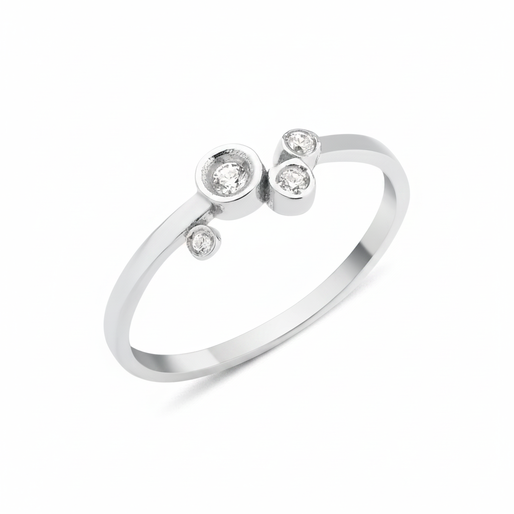 white gold asymmetric orbit ring on white background