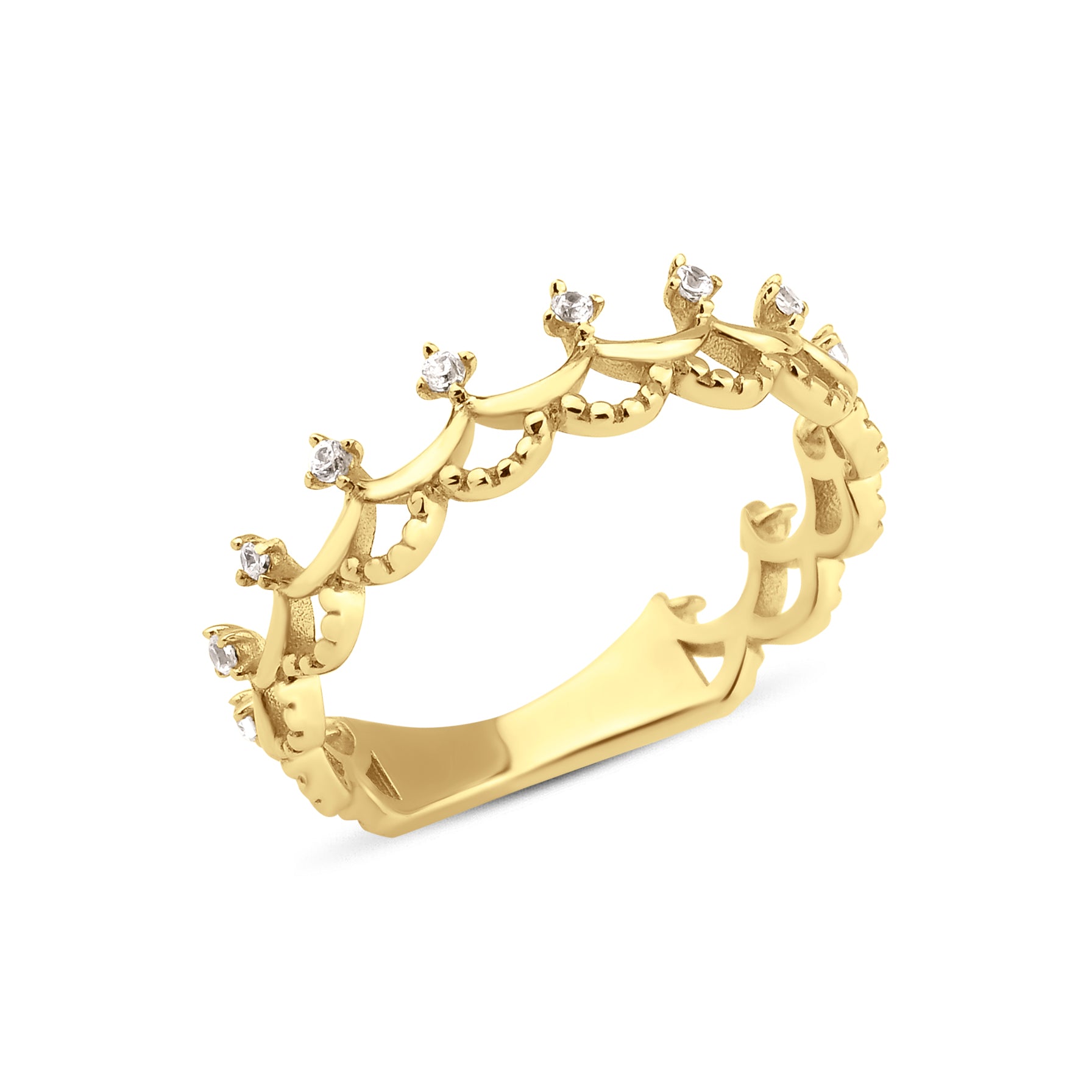 yellow gold tiara ring on white background