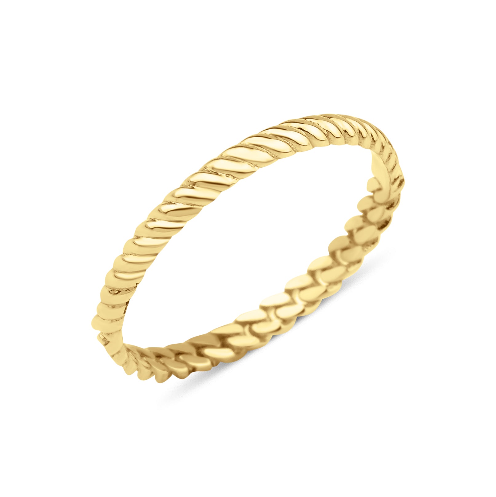 yellow gold twisted rope ring on white background