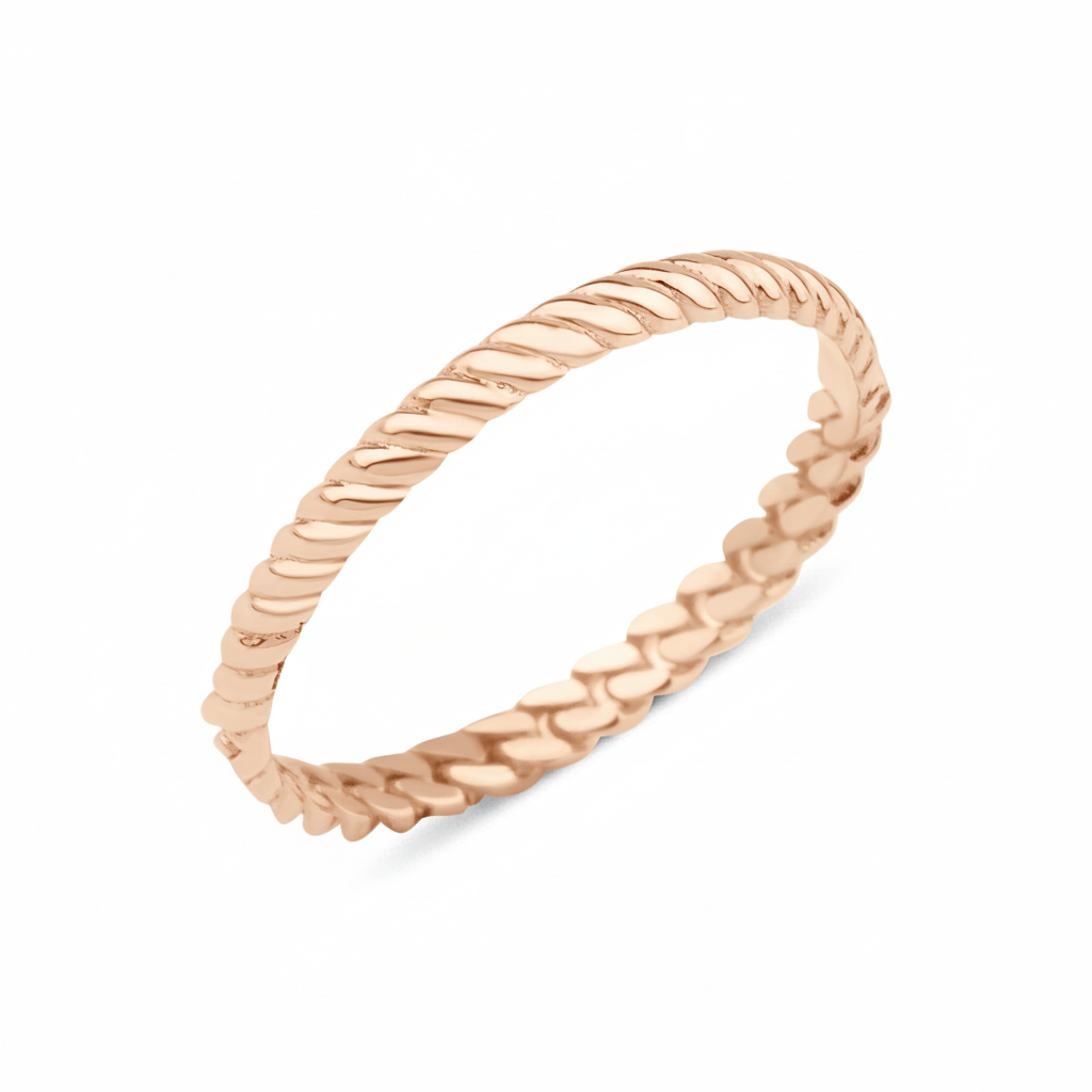 rose gold twisted rope ring on white background