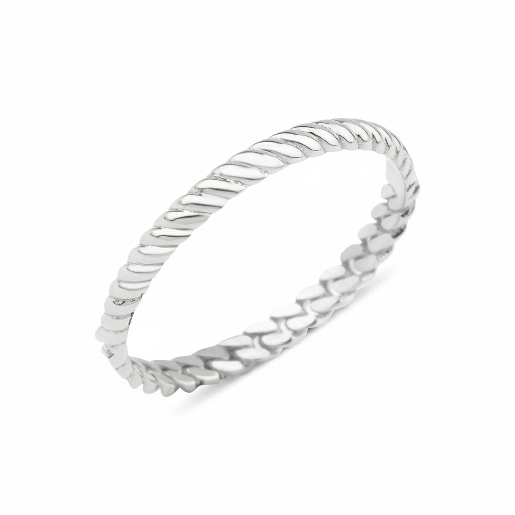 white gold twisted rope ring on white background