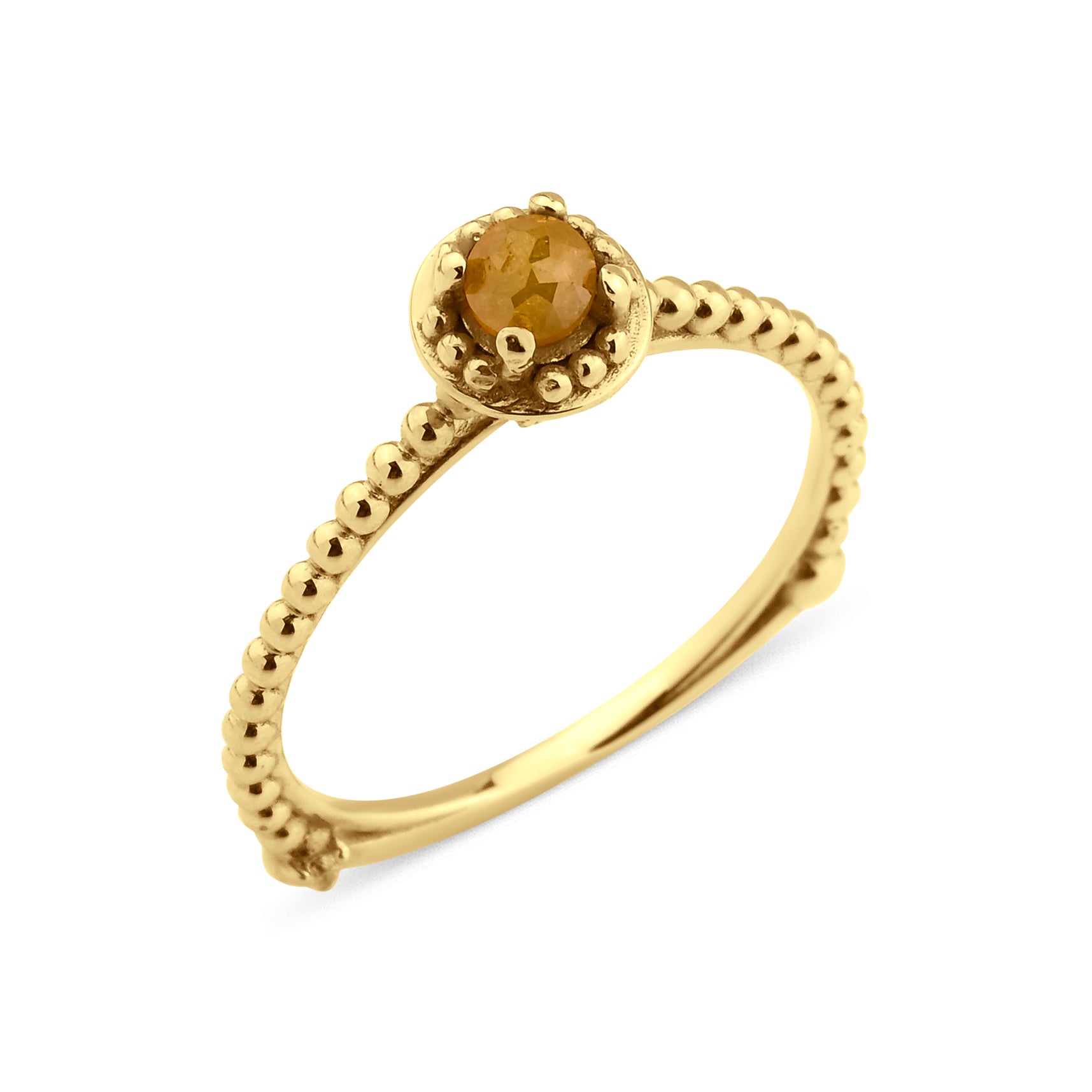 yellow gold beaded ring with a golden-yellow stone on white background