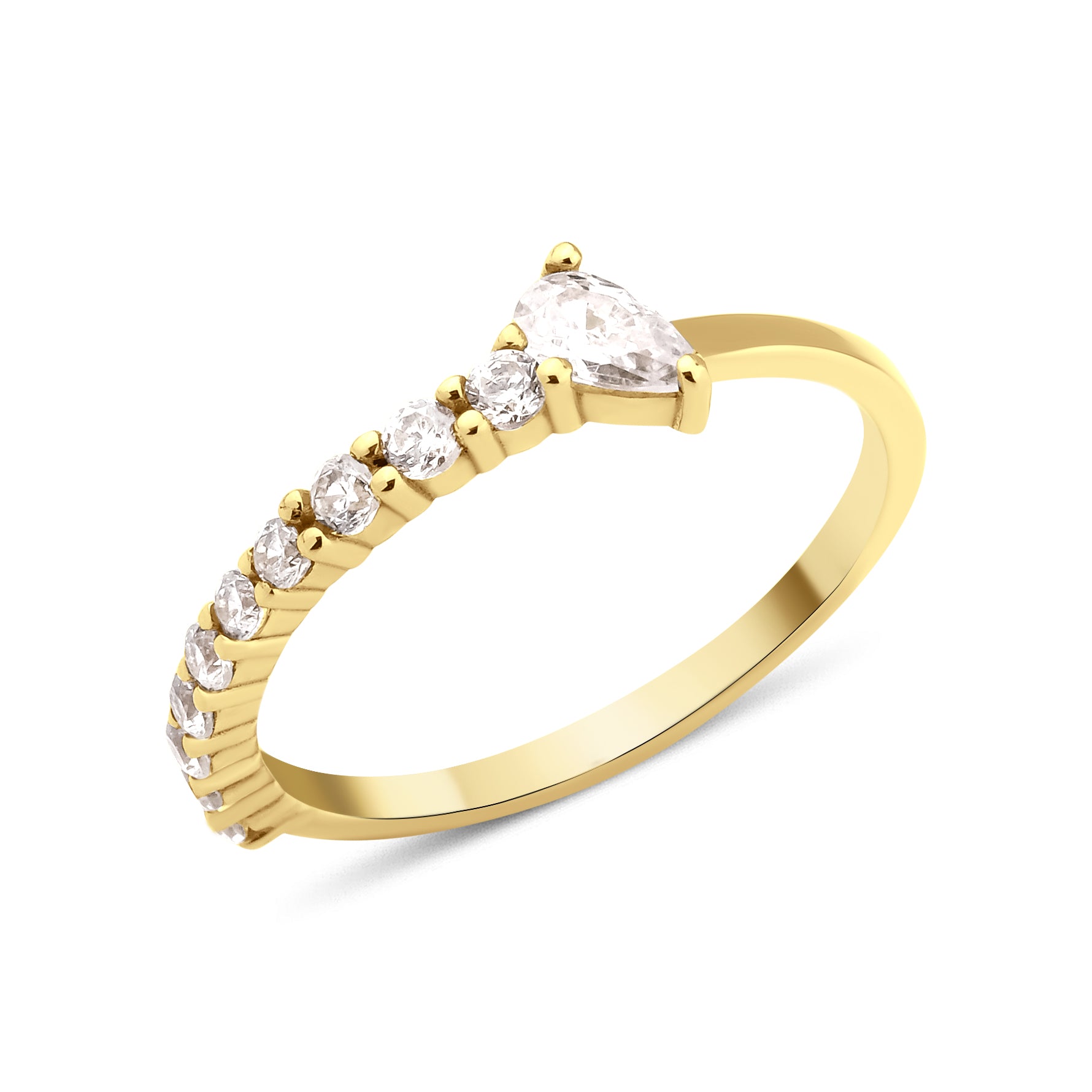 yellow gold ring lined with pave stones and a pear-cut stone on white background