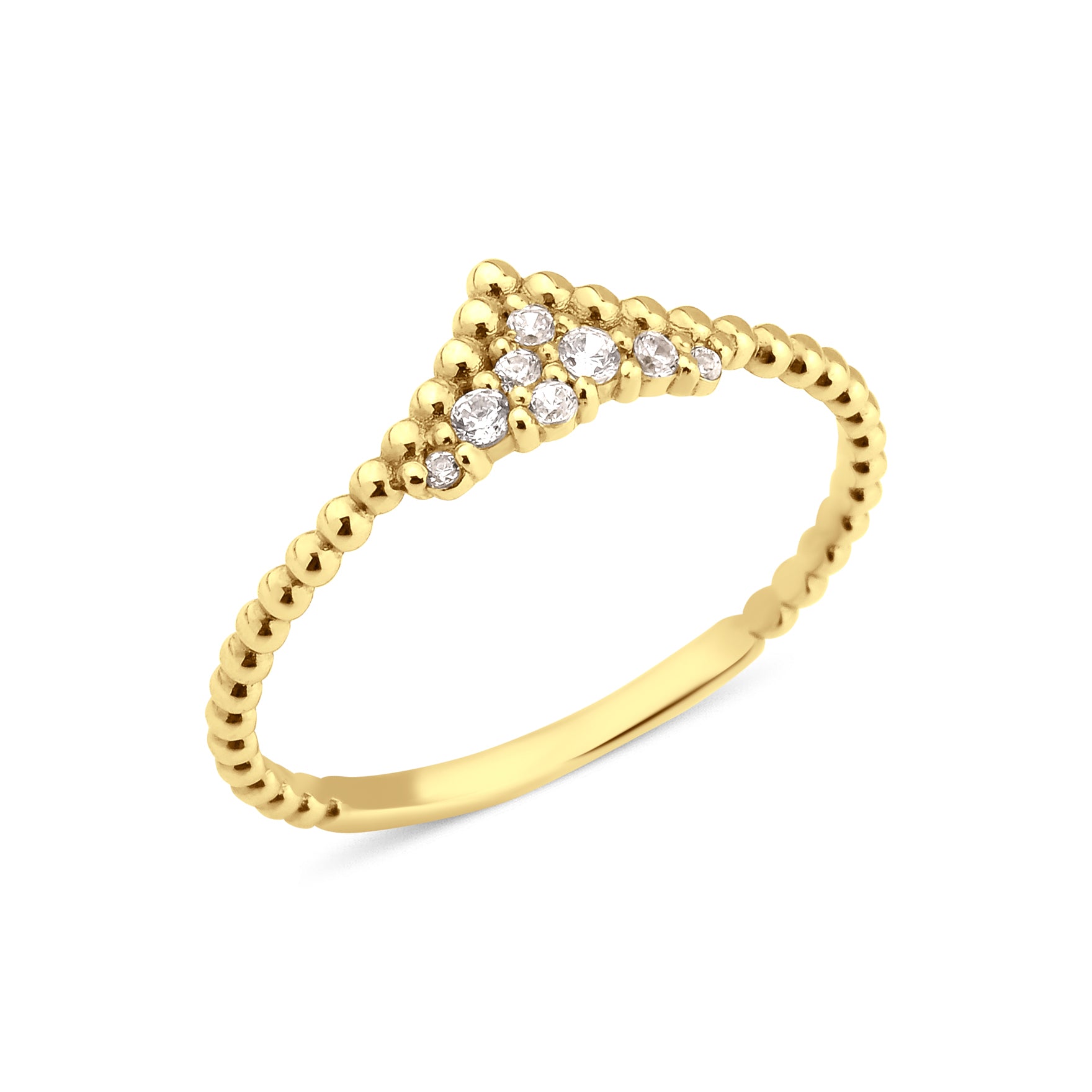 yellow gold beaded ring with a chevron of pave stones on white background
