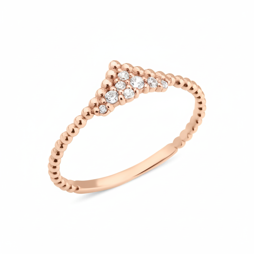 rose gold beaded ring with a chevron of pave stones on white background