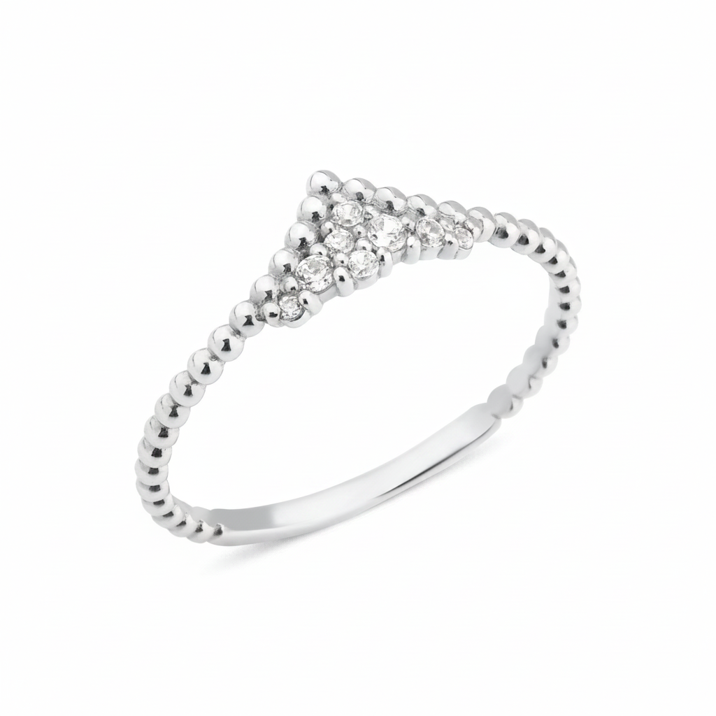 white gold beaded ring with a chevron of pave stones on white background
