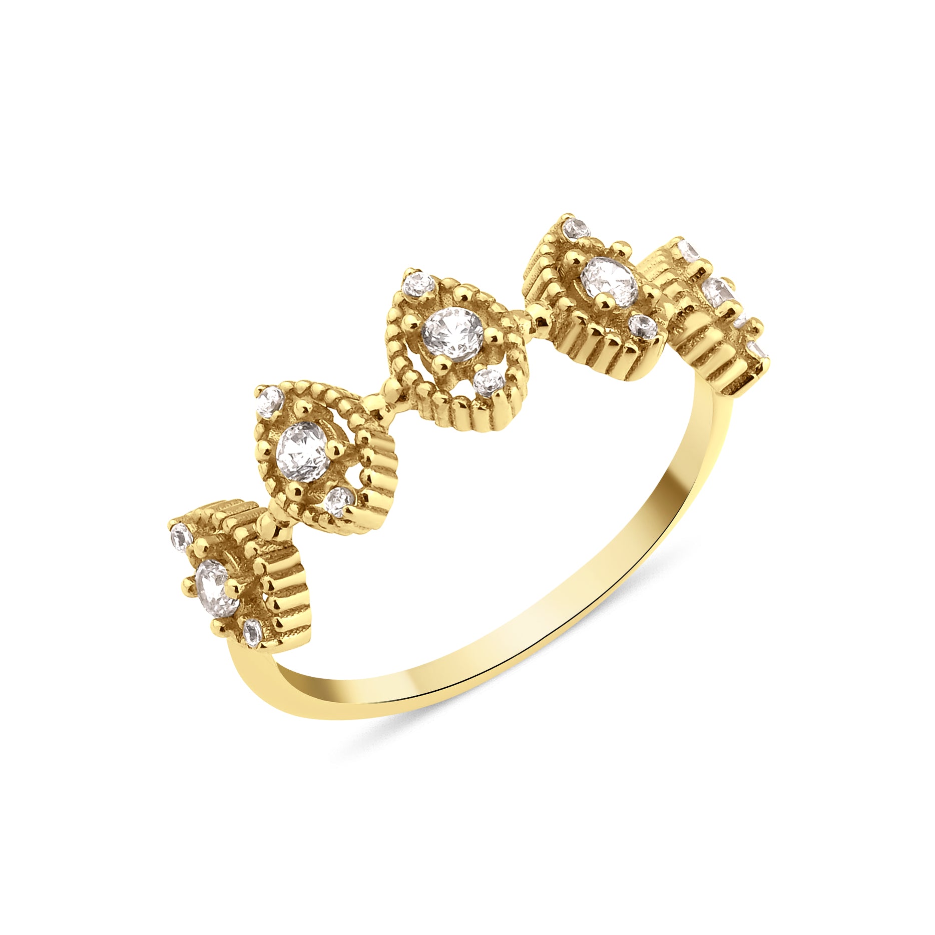 yellow gold ring with beaded marquise stations on white background