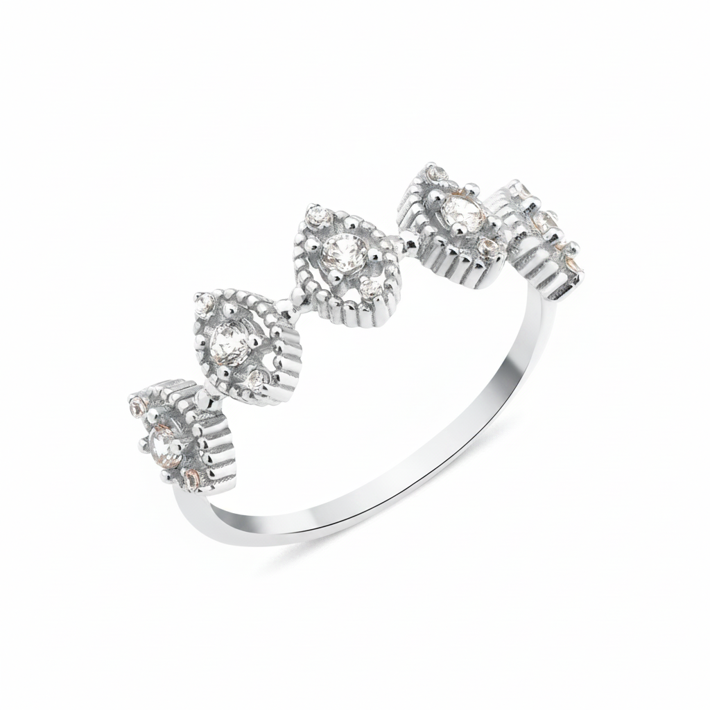 white gold ring with beaded marquise stations on white background