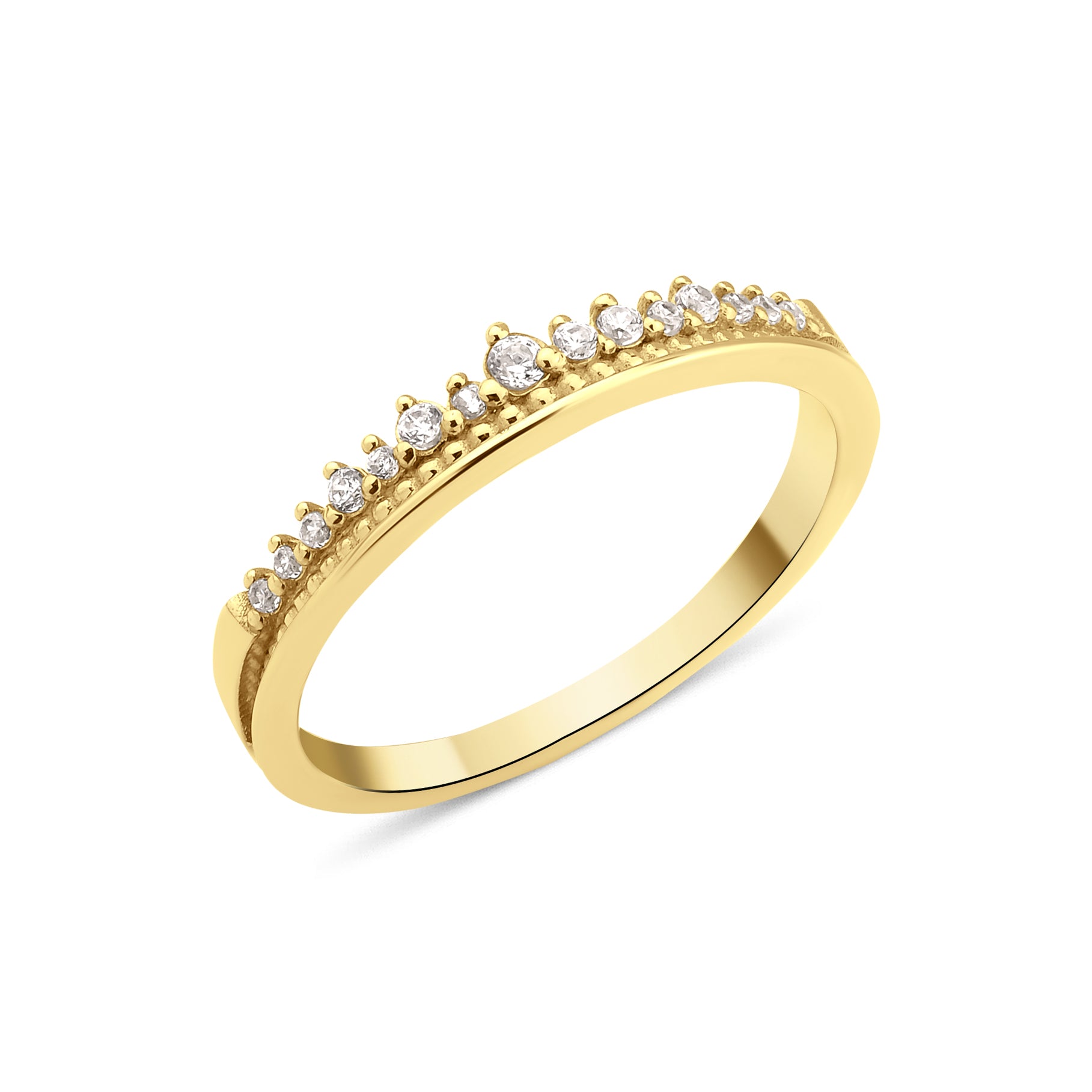 yellow gold ring with a crest of pave stones on white background