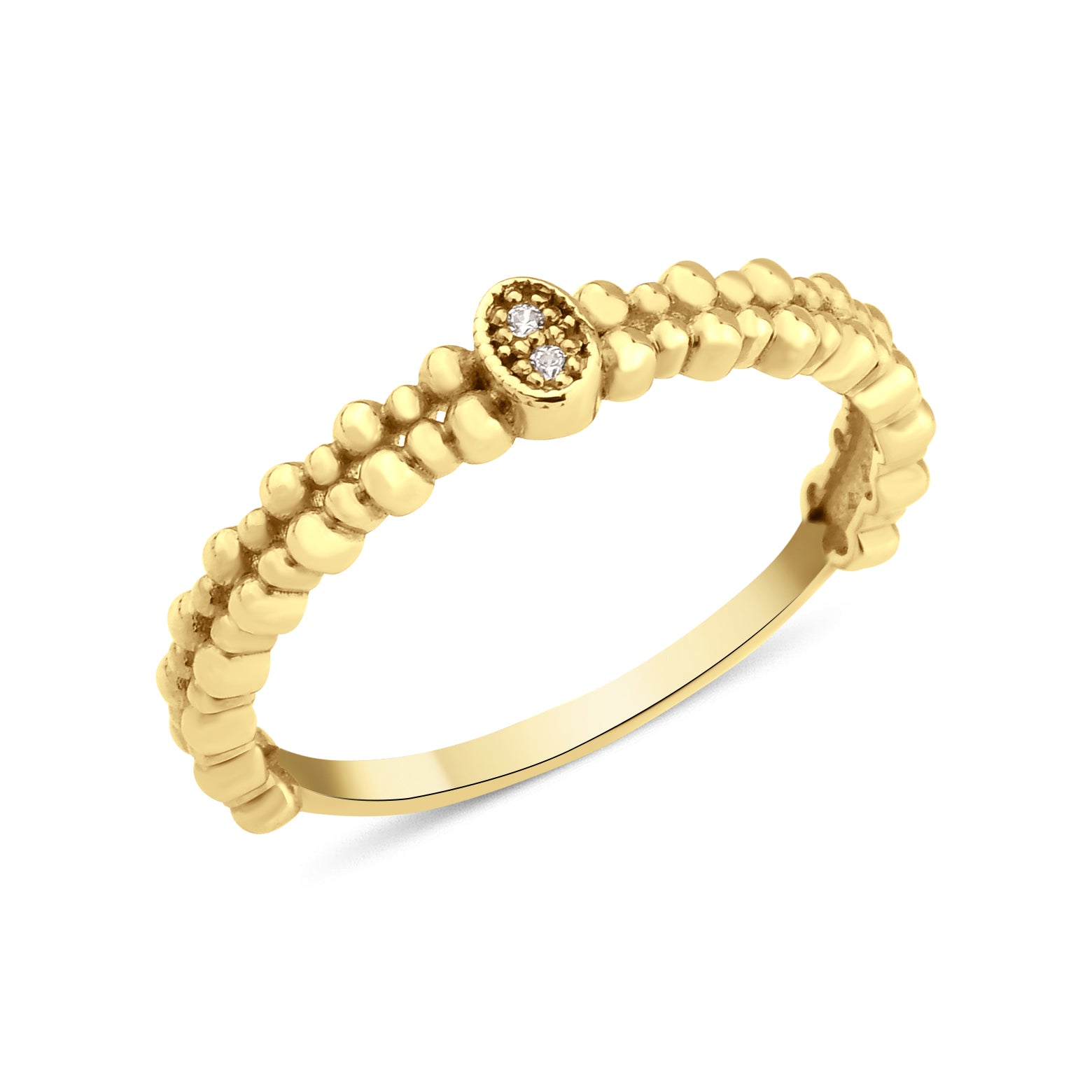 yellow gold beaded ring with an oval stone setting on white background