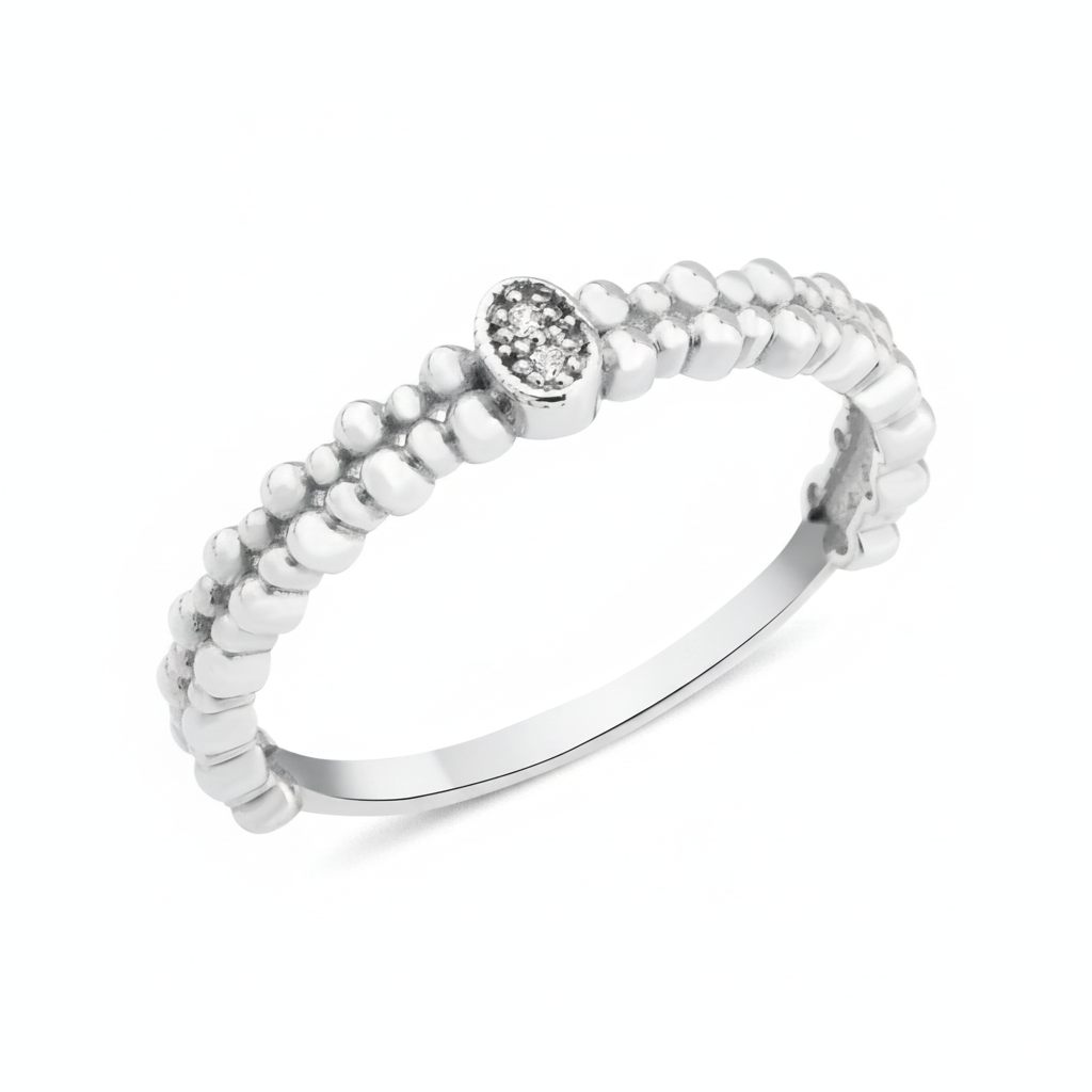 white gold beaded ring with an oval stone setting on white background
