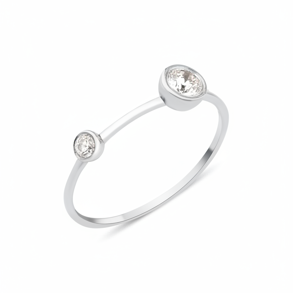 white gold open ring with two bezel-set stones on white background