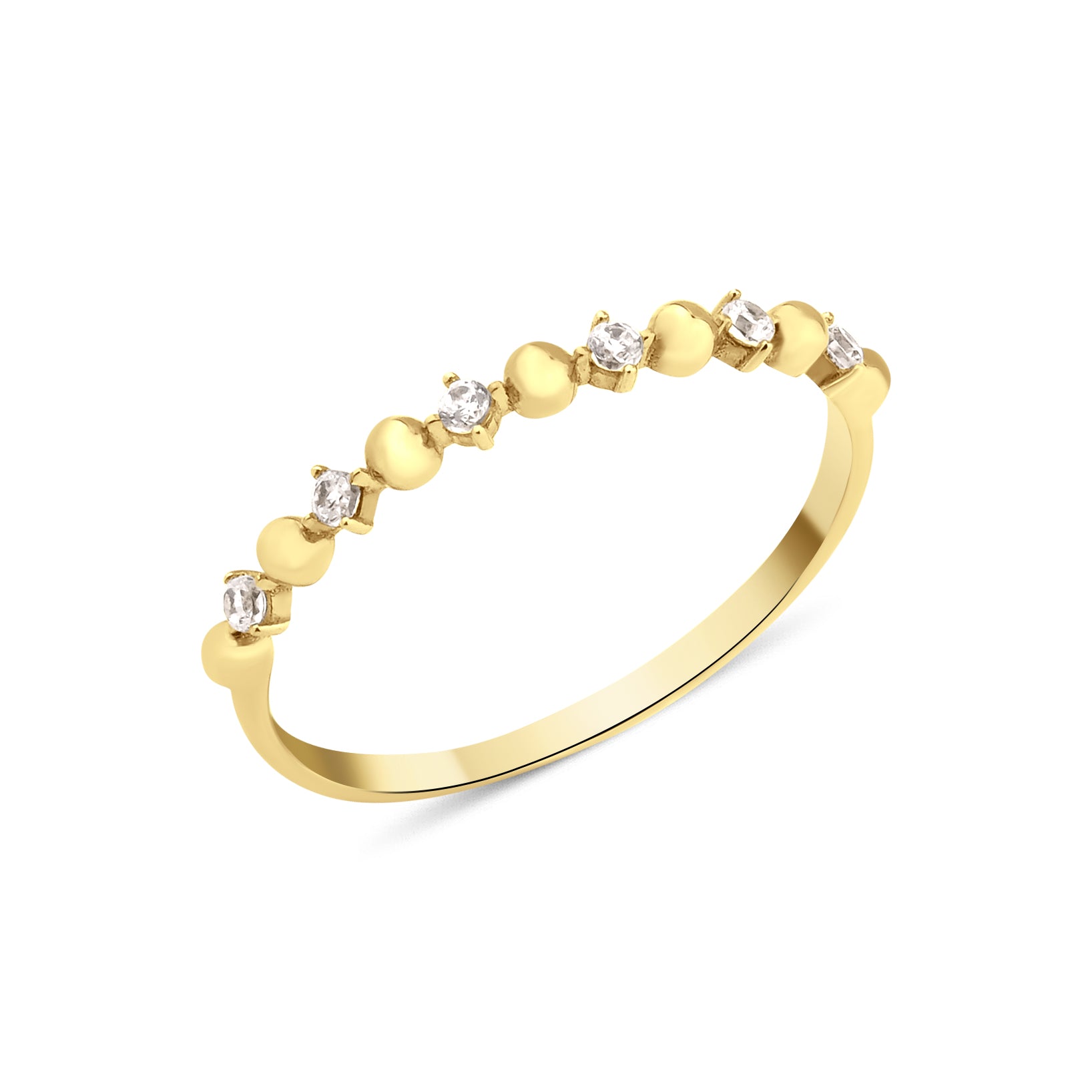 yellow gold ring with alternating beads and stones on white background
