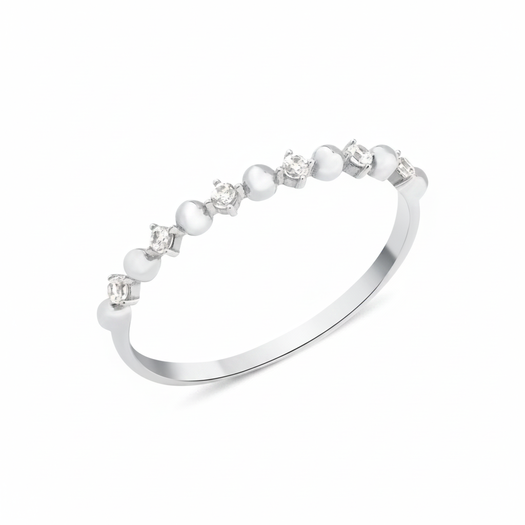 white gold ring with alternating beads and stones on white background