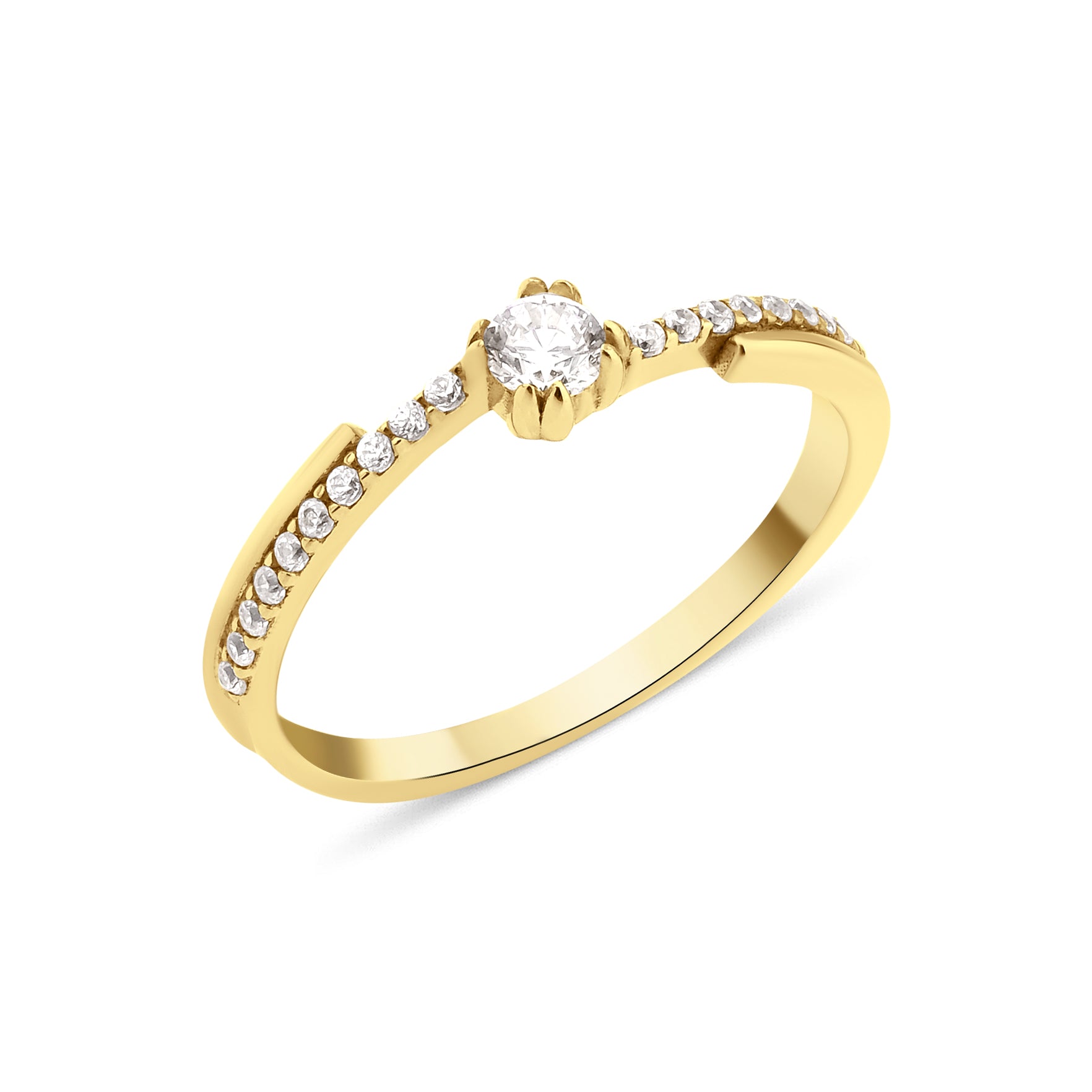 yellow gold ring with a channel of stones and a crowned center stone on white background