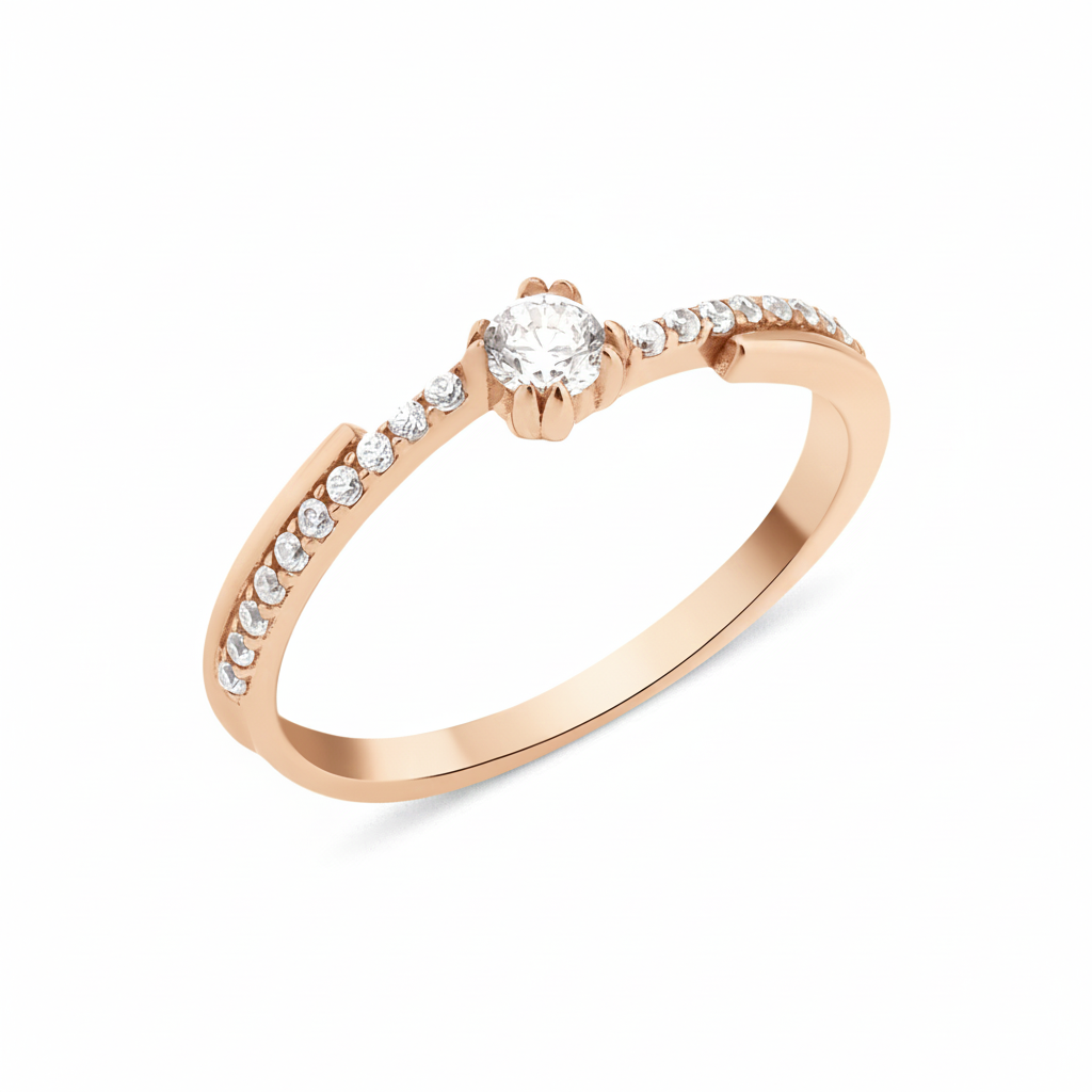 rose gold ring with a channel of stones and a crowned center stone on white background