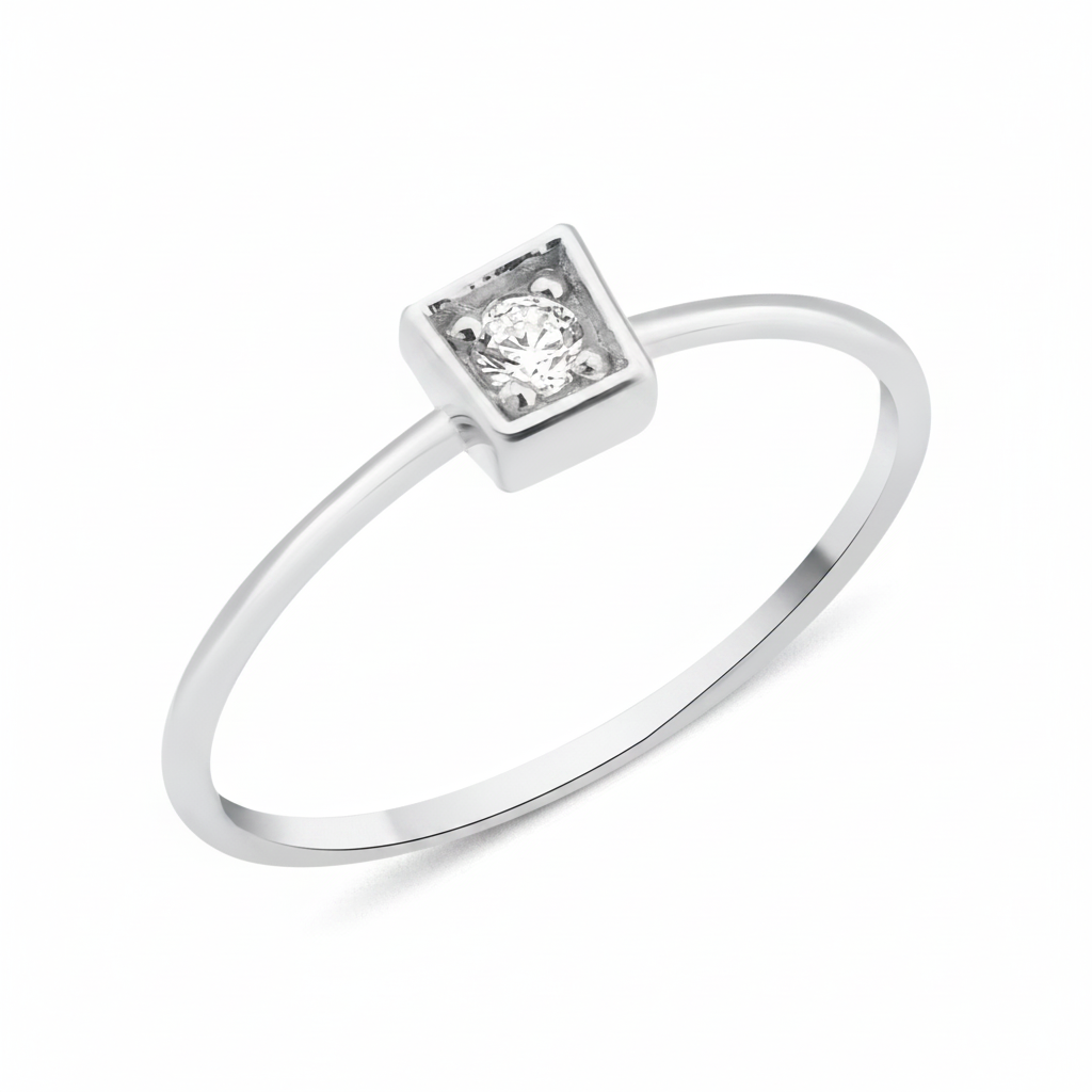 white gold ring with a stone set in a square frame on white background