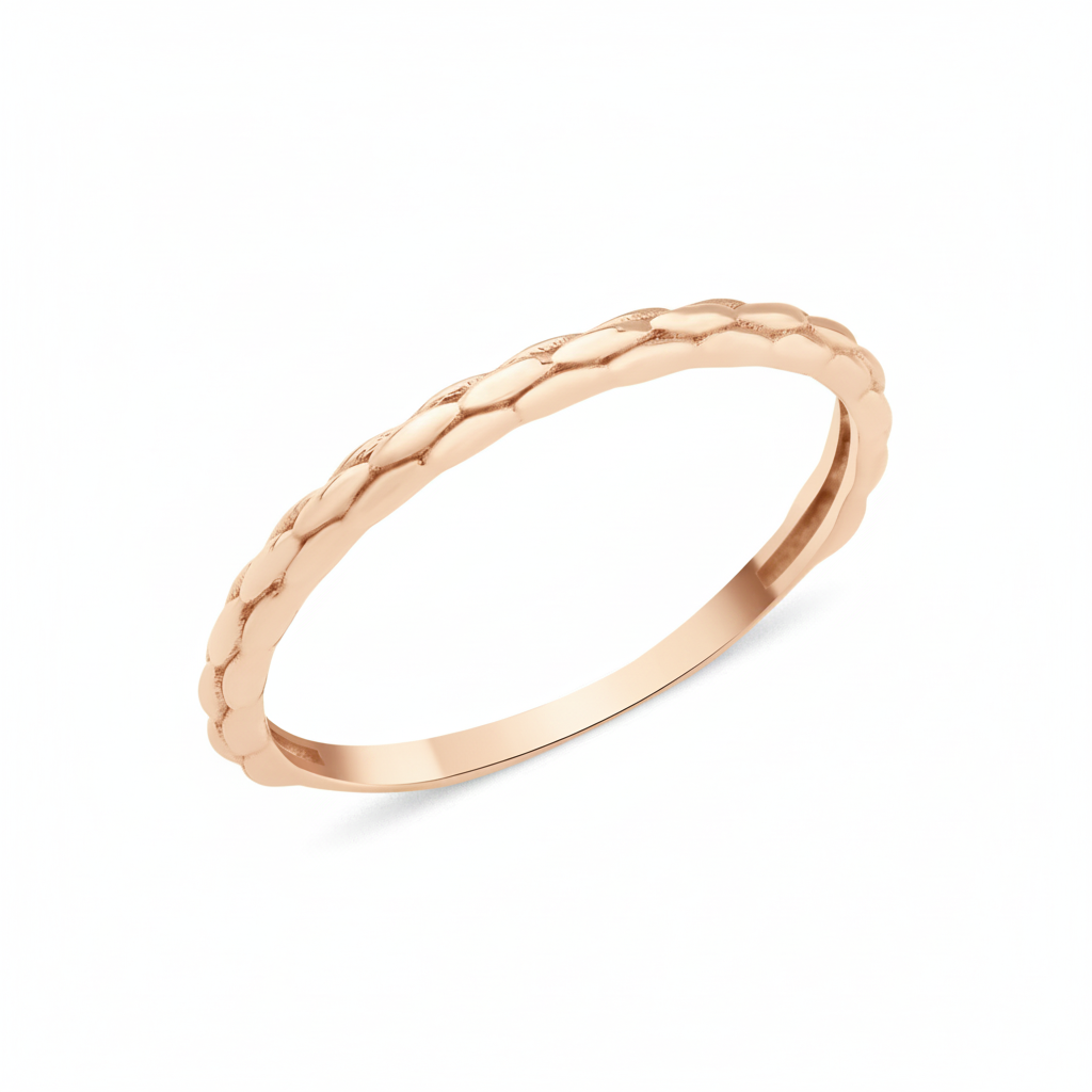 rose gold ring with a braided texture on white background