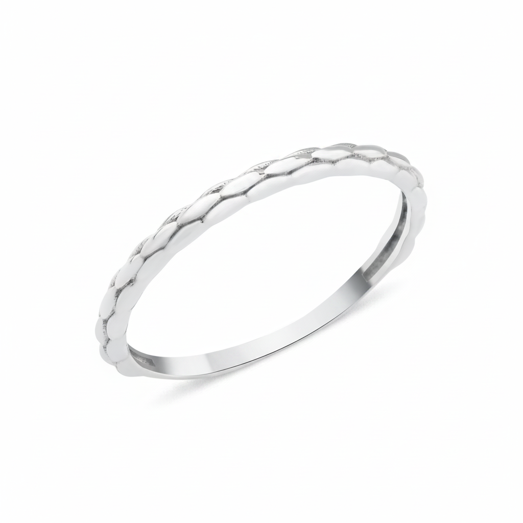 white gold ring with a braided texture on white background