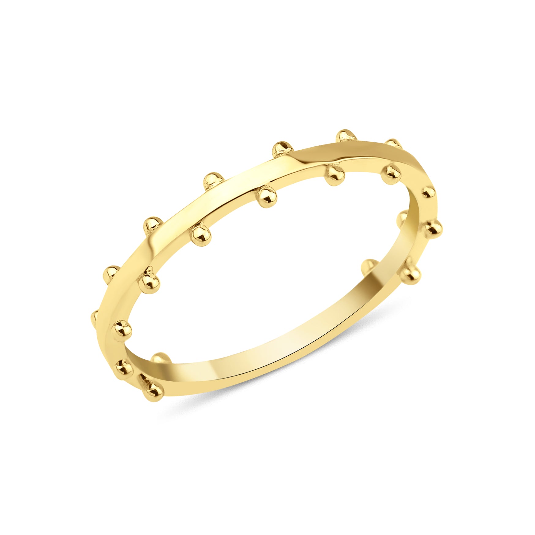 yellow gold ring with raised beaded texture on white background