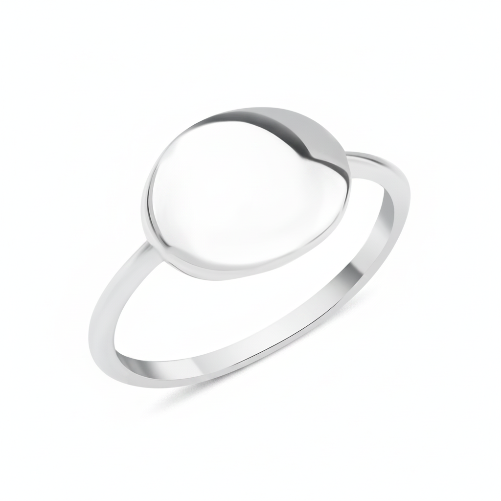 white gold ring with a polished oval top on white background