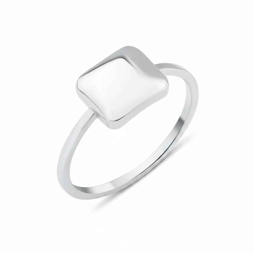 white gold ring with a cushioned square on white background
