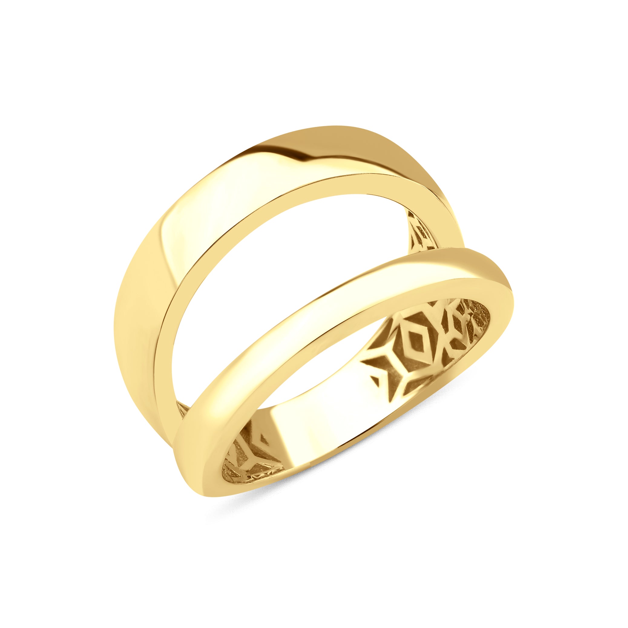 yellow gold double-band ring with an open silhouette on white background