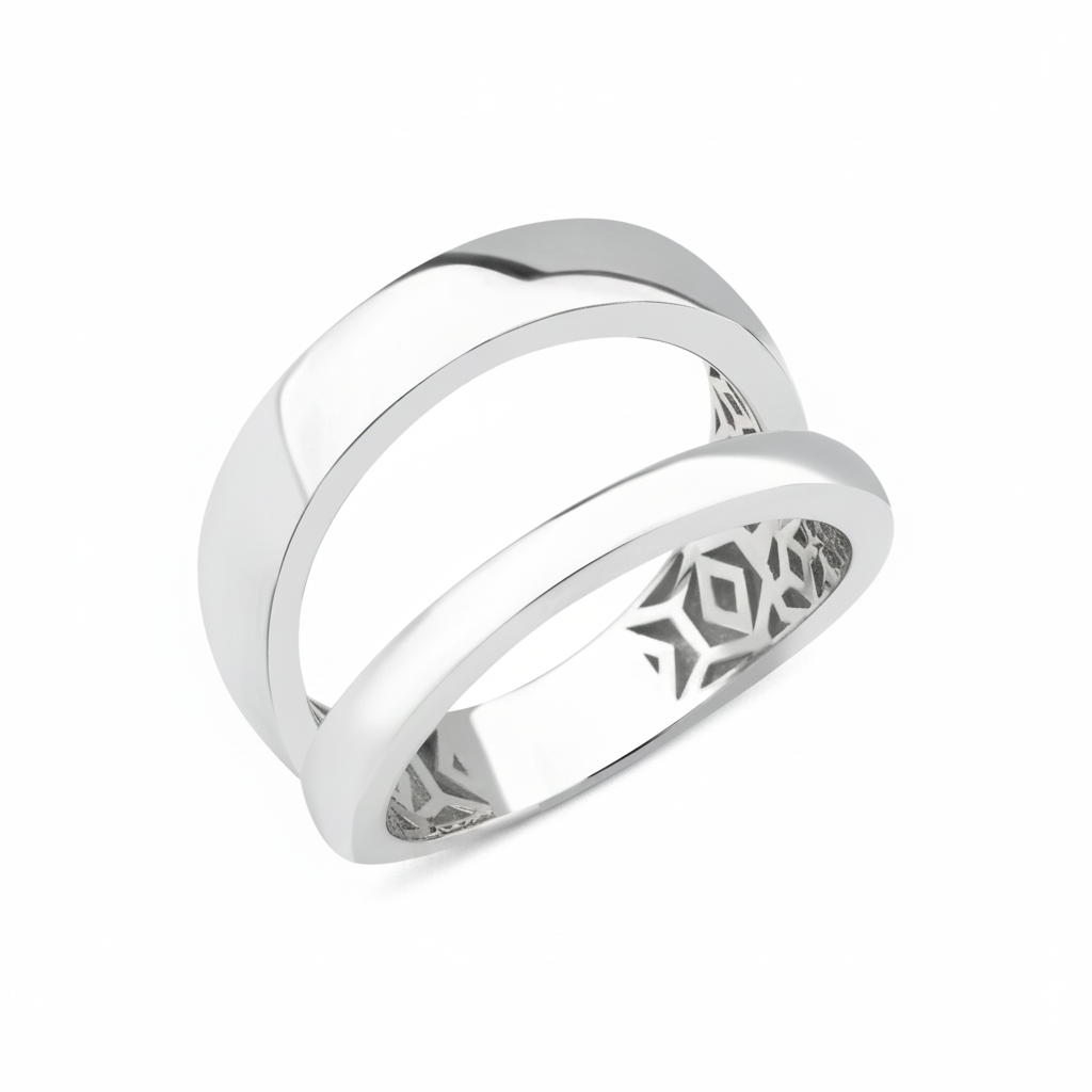 white gold double-band ring with an open silhouette on white background