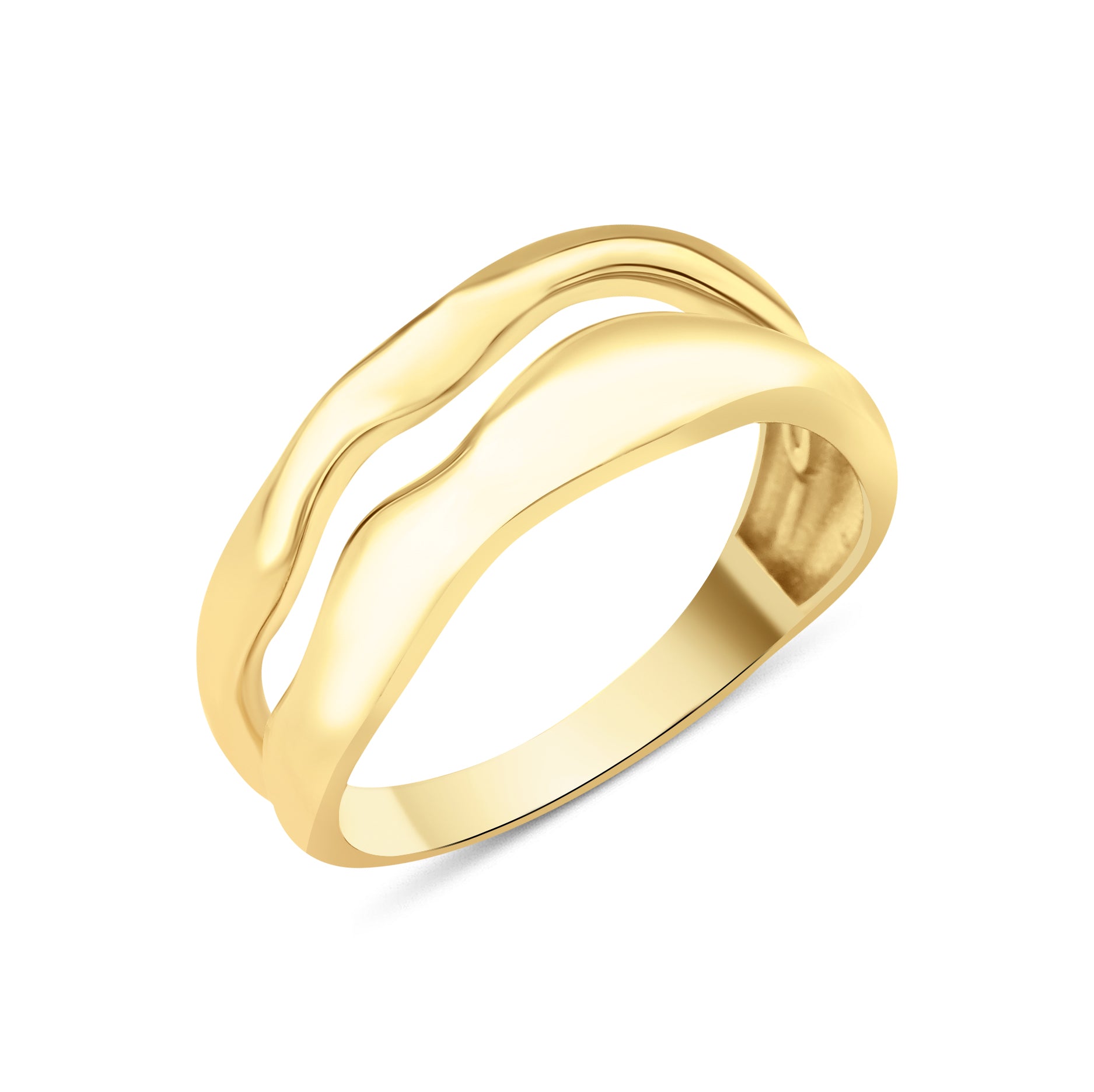 yellow gold ring with two undulating wave bands on white background