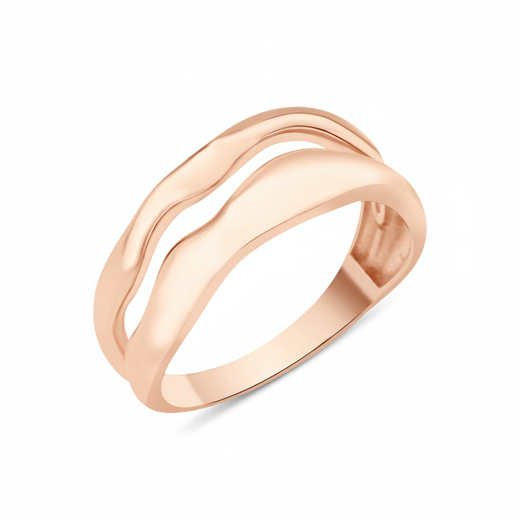 rose gold ring with two undulating wave bands on white background