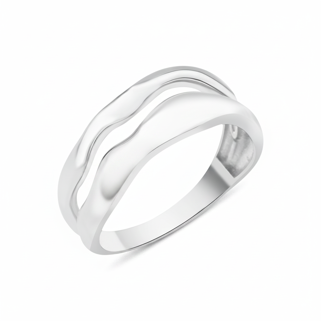 white gold ring with two undulating wave bands on white background