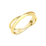 yellow gold crossover ring with two fluid bands on white background