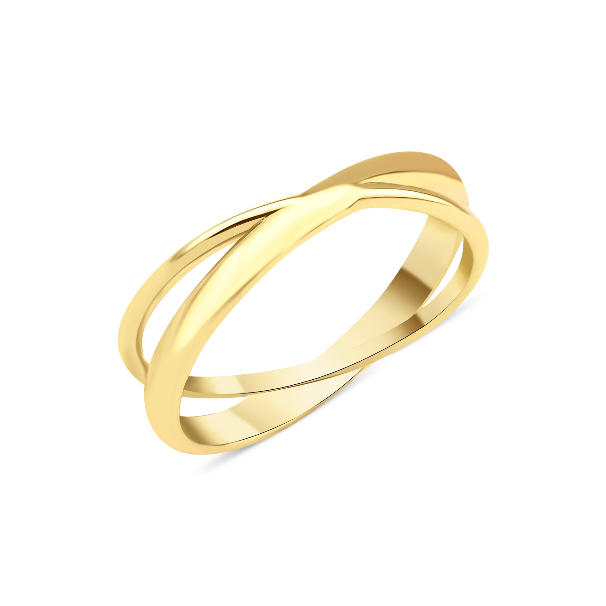 yellow gold crossover ring with two fluid bands on white background