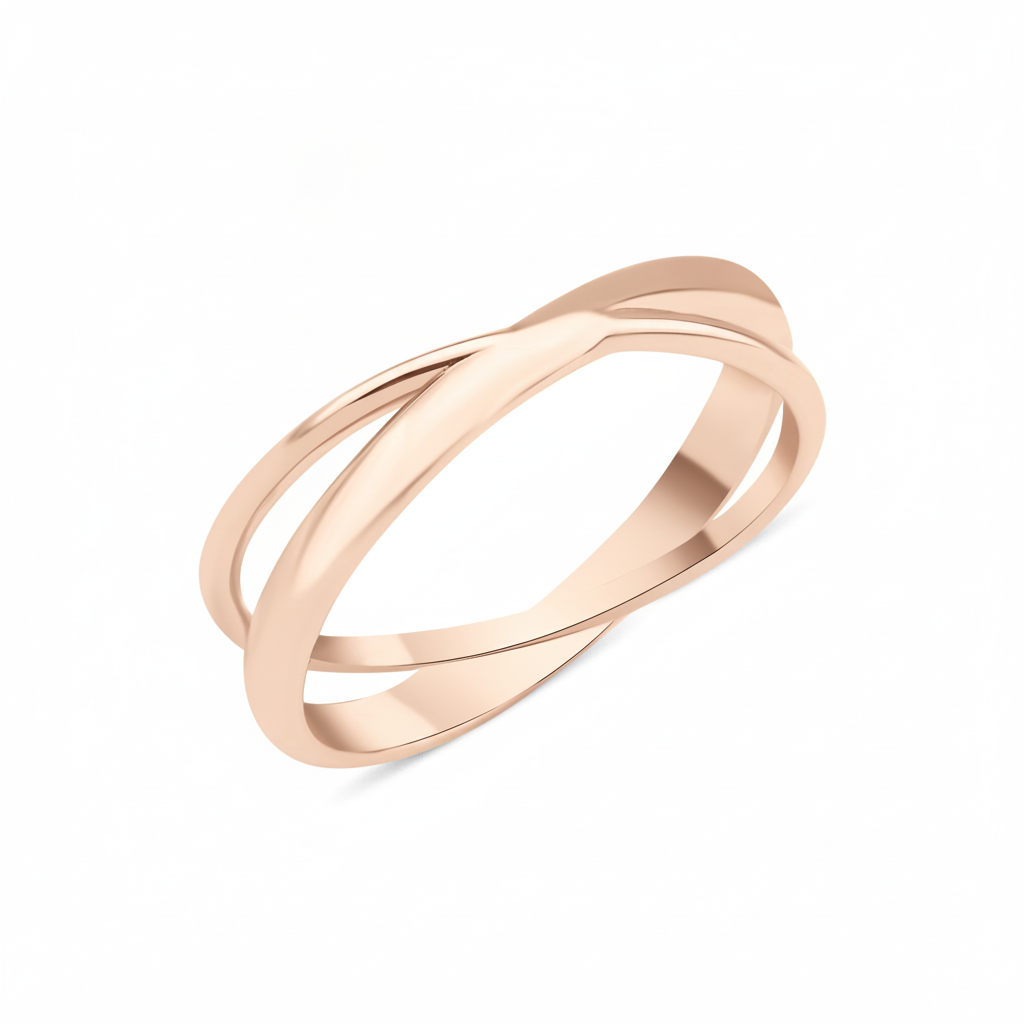 rose gold crossover ring with two fluid bands on white background