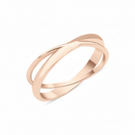 rose gold crossover ring with two fluid bands on white background