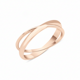 rose gold crossover ring with two fluid bands on white background