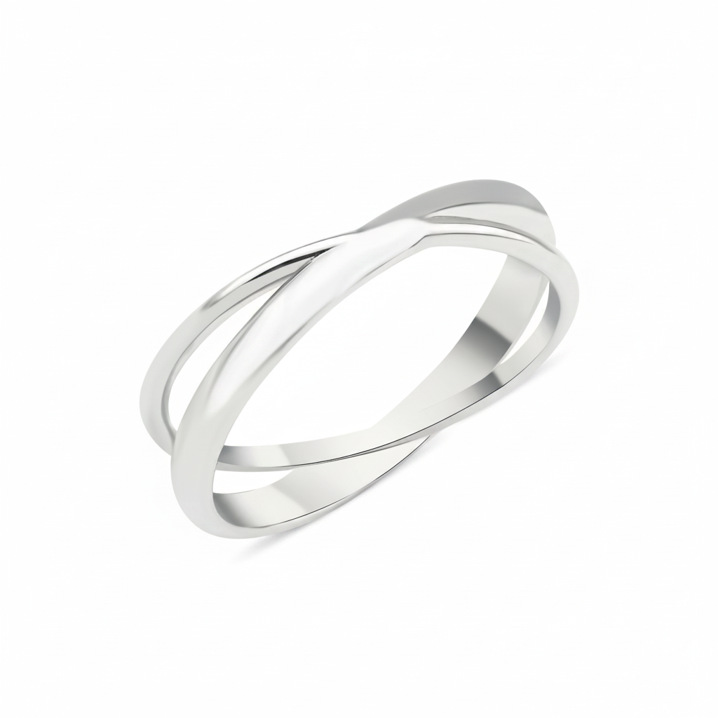 white gold crossover ring with two fluid bands on white background