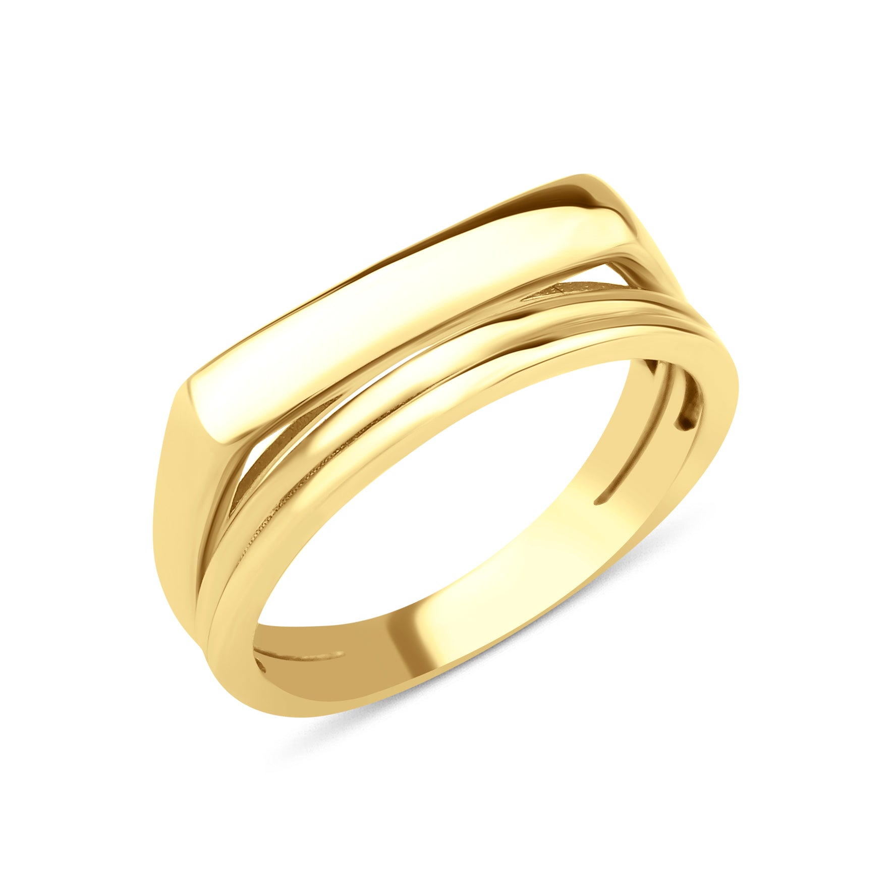 yellow gold ring with a bar floating over a curved band on white background