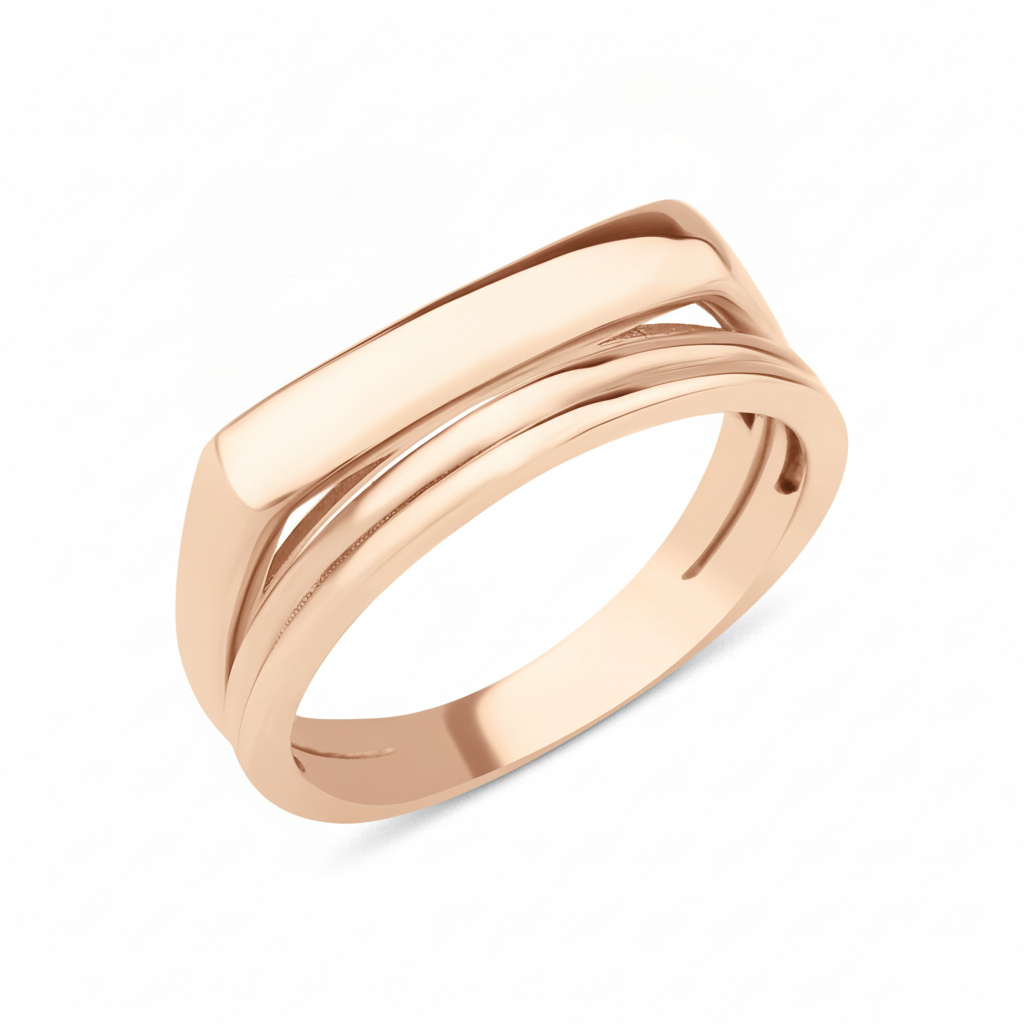 rose gold ring with a bar floating over a curved band on white background