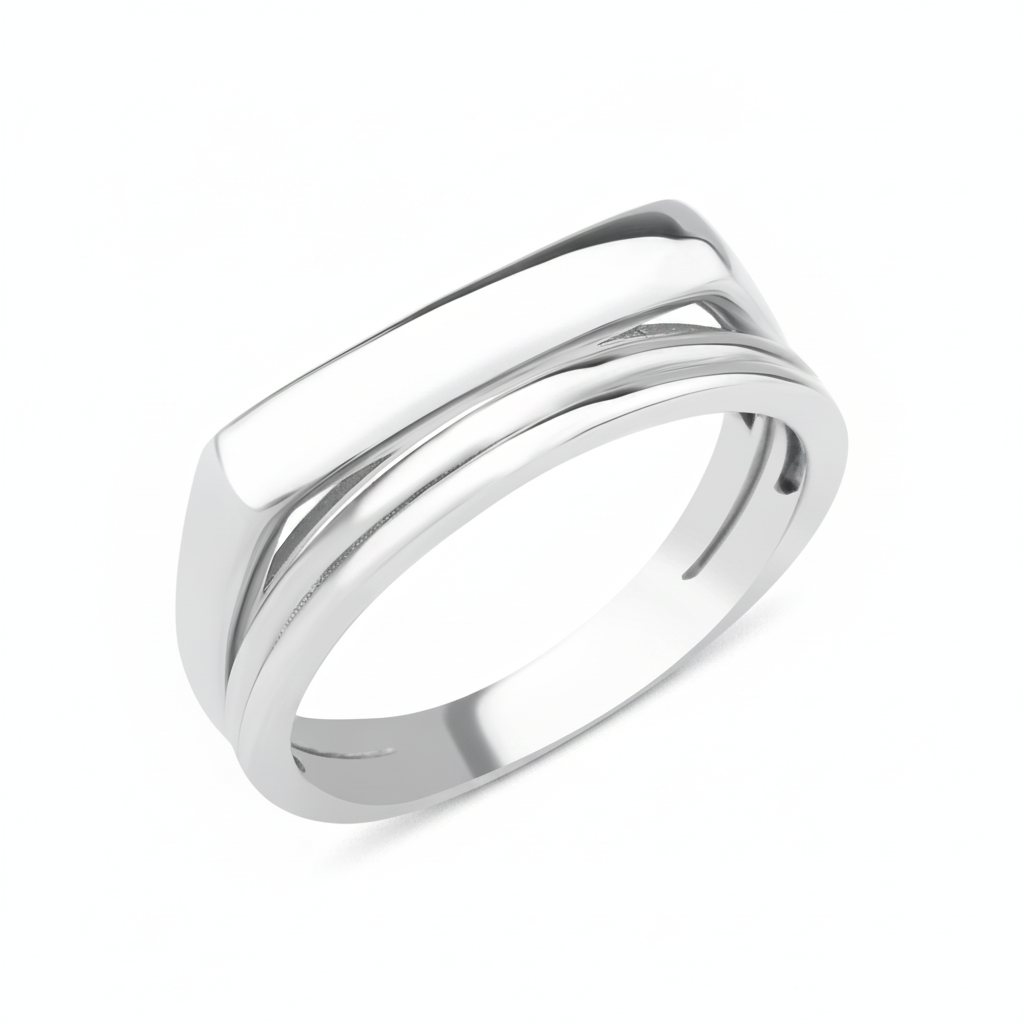 white gold ring with a bar floating over a curved band on white background
