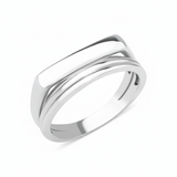 white gold ring with a bar floating over a curved band on white background