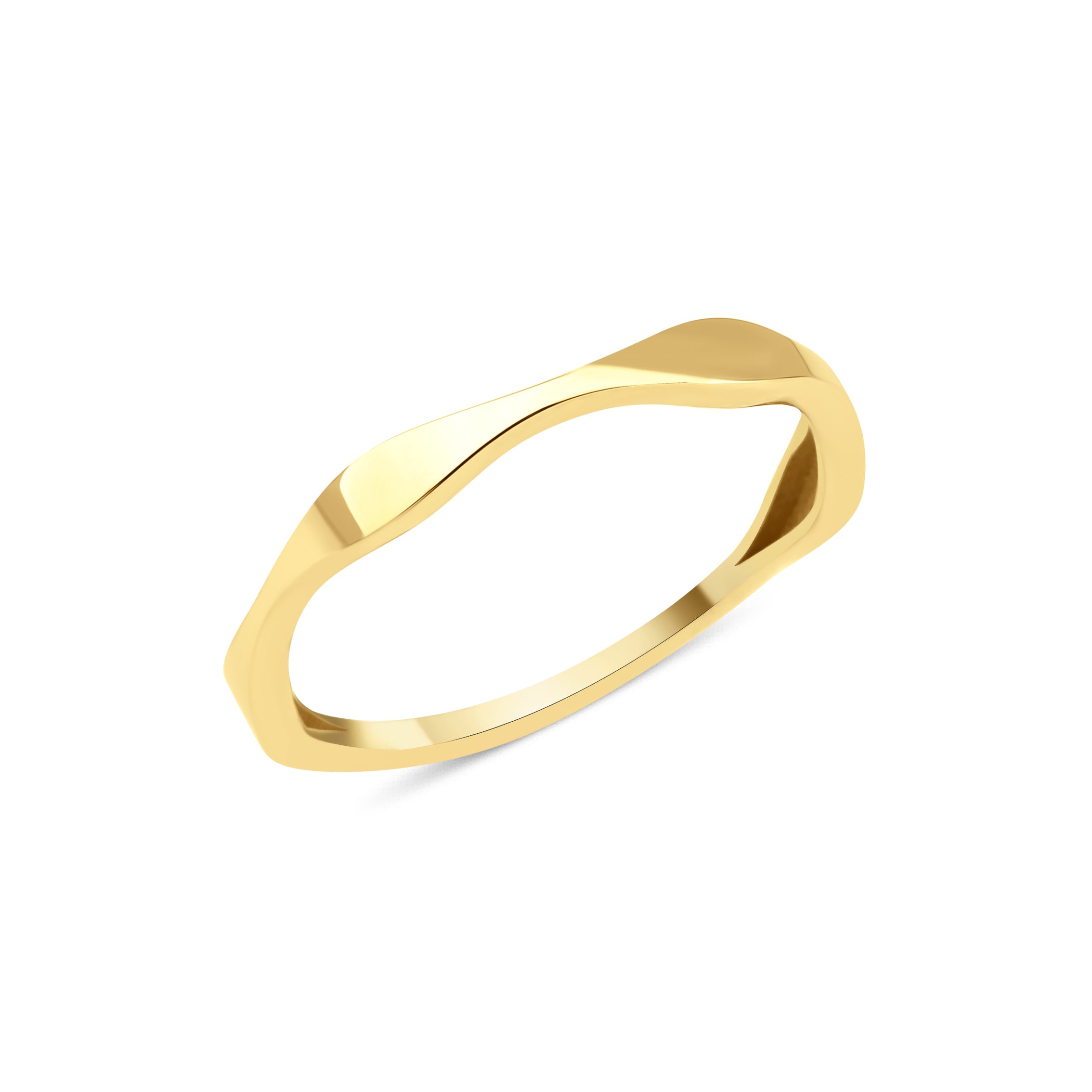 yellow gold ring with an undulating wave design on white background