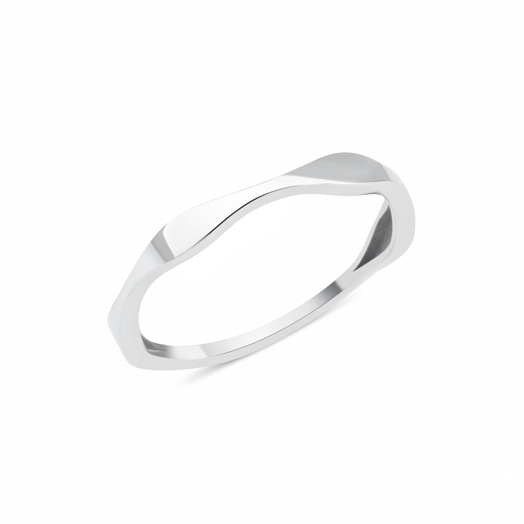 white gold ring with an undulating wave design on white background