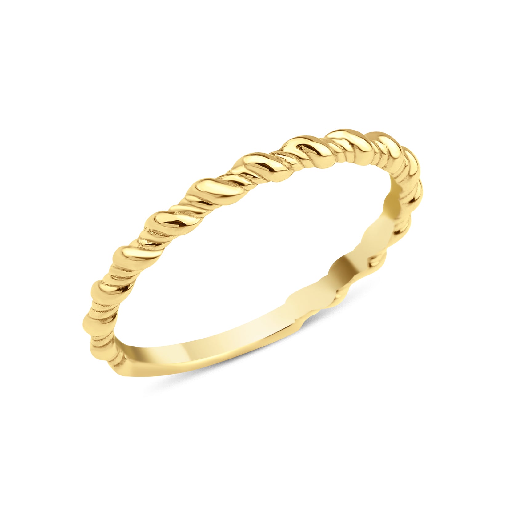 yellow gold twisted-rope ring tapering to a smooth band on white background